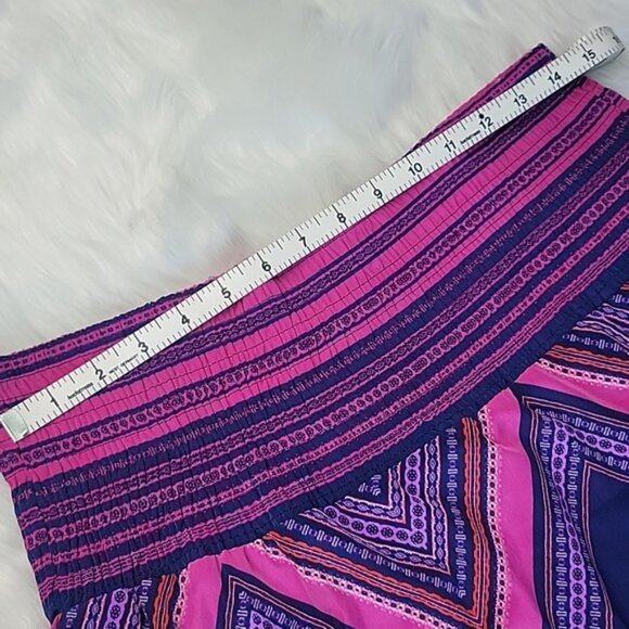EXPRESS Purple Pink Chevron Pattern Smocked Waist Retro Boho Party Mini Skirt M - Picture 6 of 7